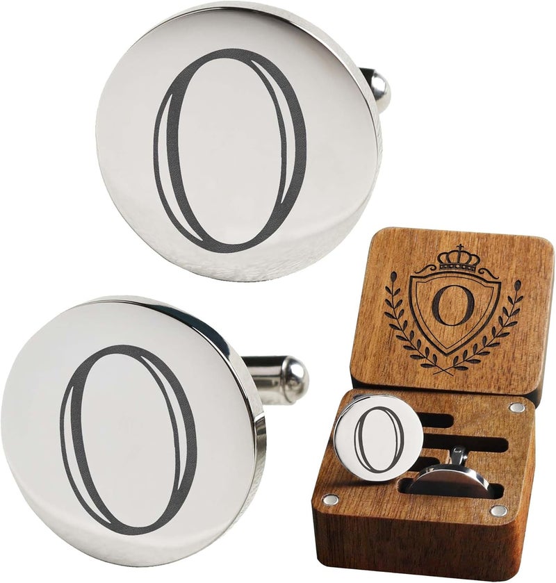 SeemDanten Mens Classic Initial Cuff links A-Z Alphabet 26 Letters Stainless Steel Silver CuffLinks with Engraved Walnut Wood Gift Box Business Wedding Set - Image 1